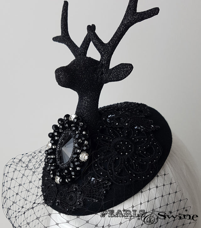 black glitter lace deer head and antler headdress