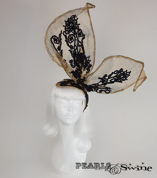 gold with black lace bunny rabbit ear headpiece