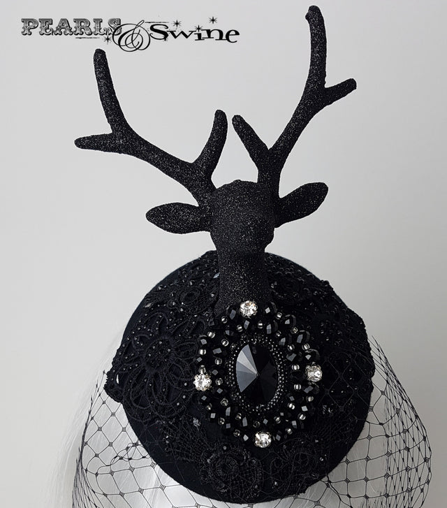 black glitter lace deer head and antler hat