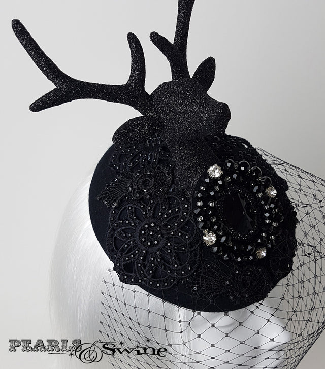 black glitter lace deer antler birdcage veil hat
