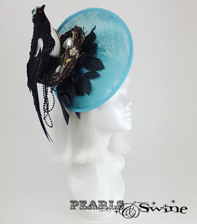 magpie blue black nest Royal Ascot hat UK