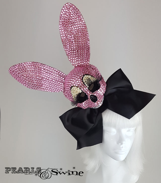 pink glitter rabbit skull ear bow headdress