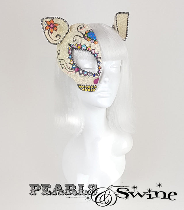 Day of the Dead cat, sugar skull inspired glitter half mask fascinator