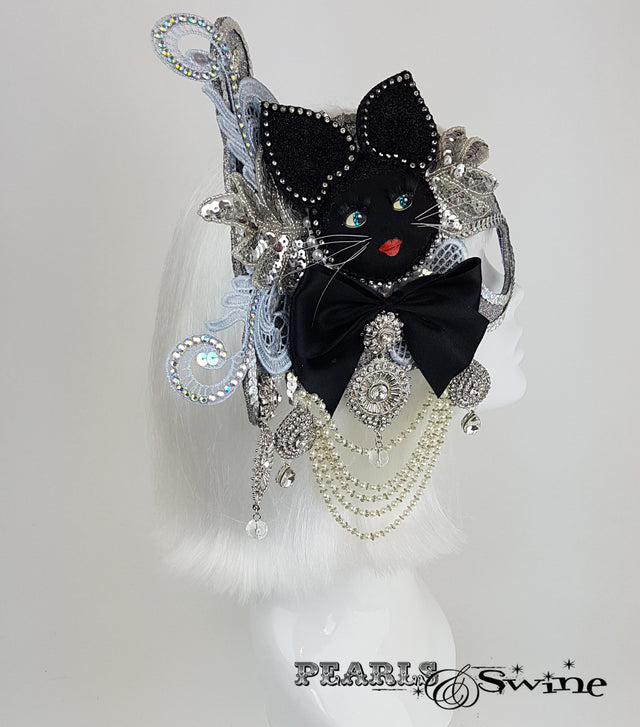 silver cat half mask fascinator UK for sale
