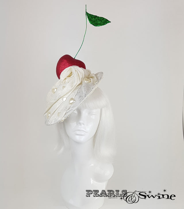 Giant Cherry & Cream Hat, unusual headpieces for sale UK