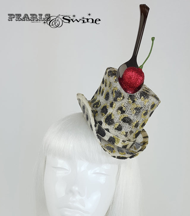 Leopard print glitter cherry mini top hat millinery UK