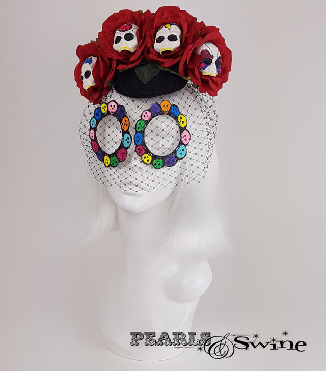 Sugar Skull Veiled Headdress, unusual millinery UK