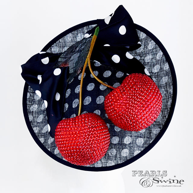 Red giant cherry hat with black & white polka dots