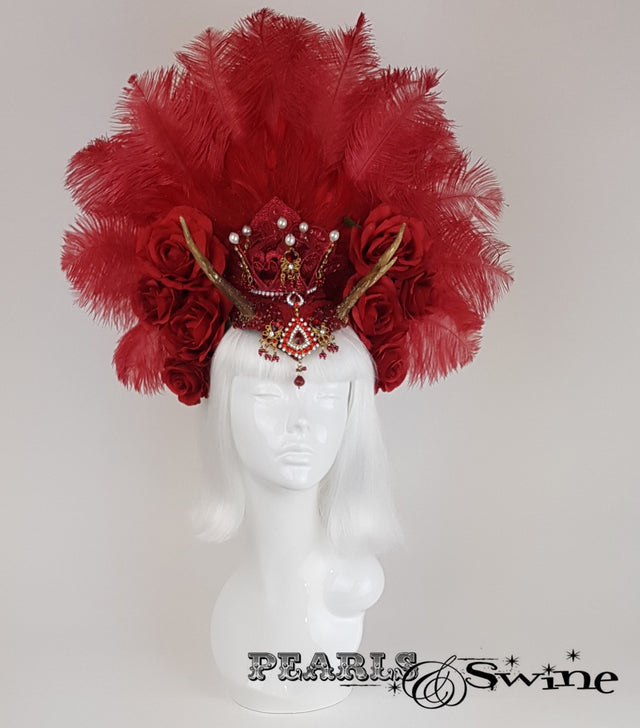 Red Feather Antler Crown Headdress, gothic headpiece