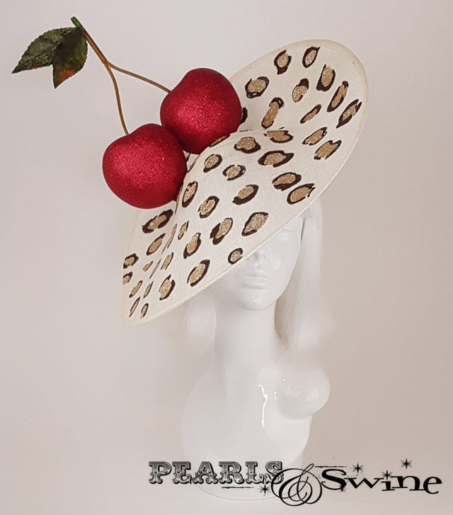 Giant red glittered cherries leopard print hat
