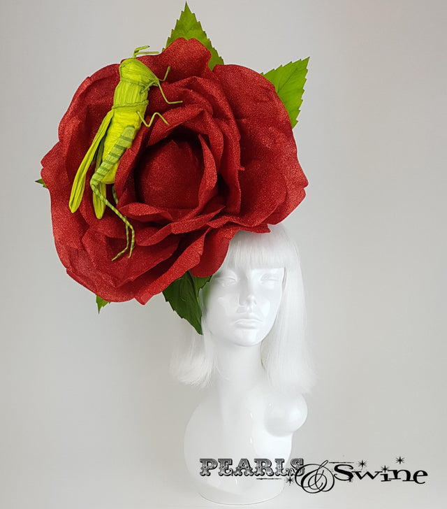 Giant Red Rose & Grasshopper Headpiece, Ladies day hat