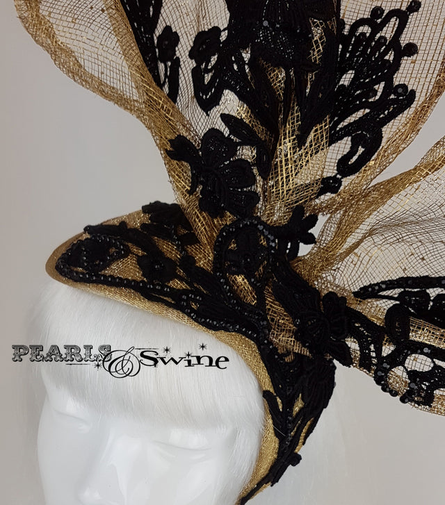 gold with black lace bunny rabbit ear hat