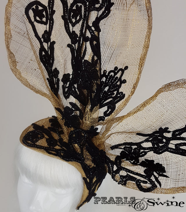 gold with black lace bunny rabbit ear headpiece close up
