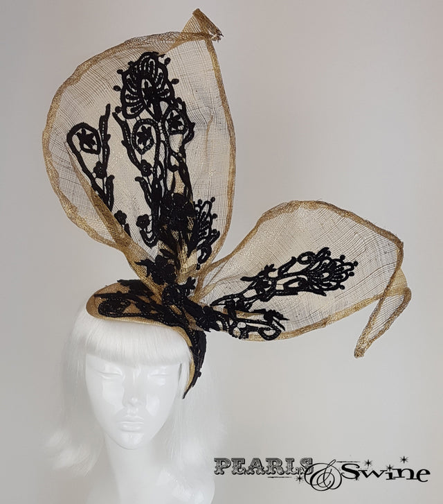 gold with black lace bunny rabbit ear crystals headpiece