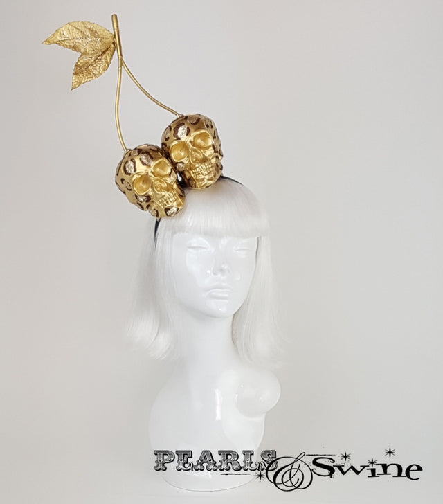 Leopard Print Skull Gold Cherry Headband, British milliner