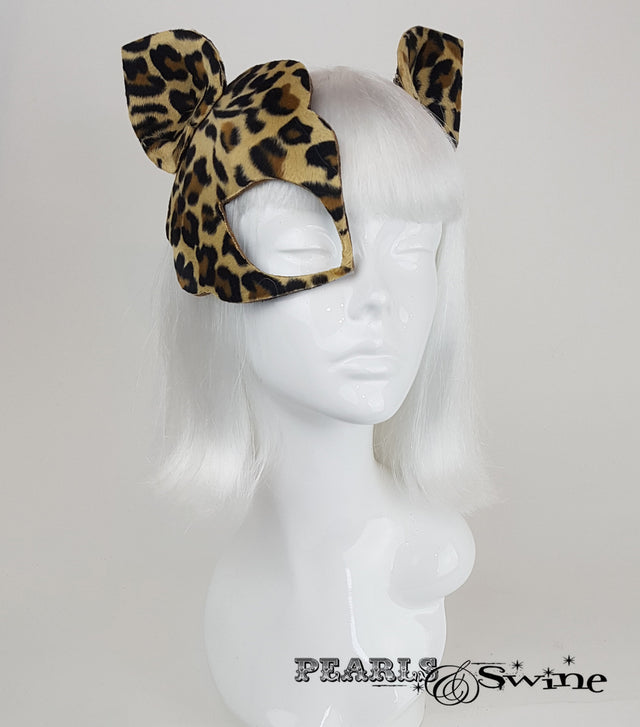 Leopard print velvety fur half mask fascinator