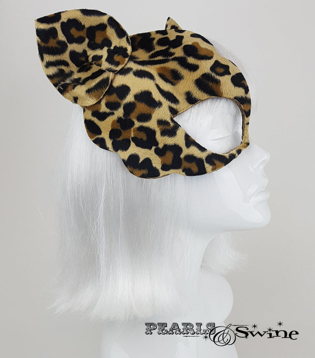Leopard print velvet fur half mask fascinator
