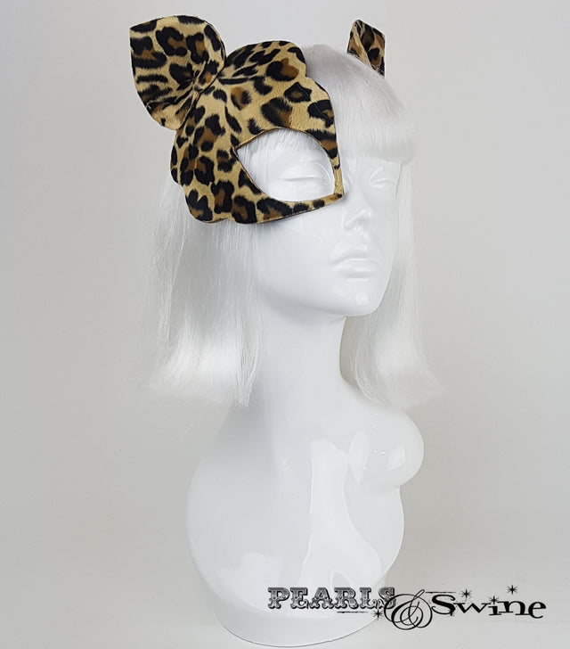 surreal leopard print velvet fur half mask fascinator