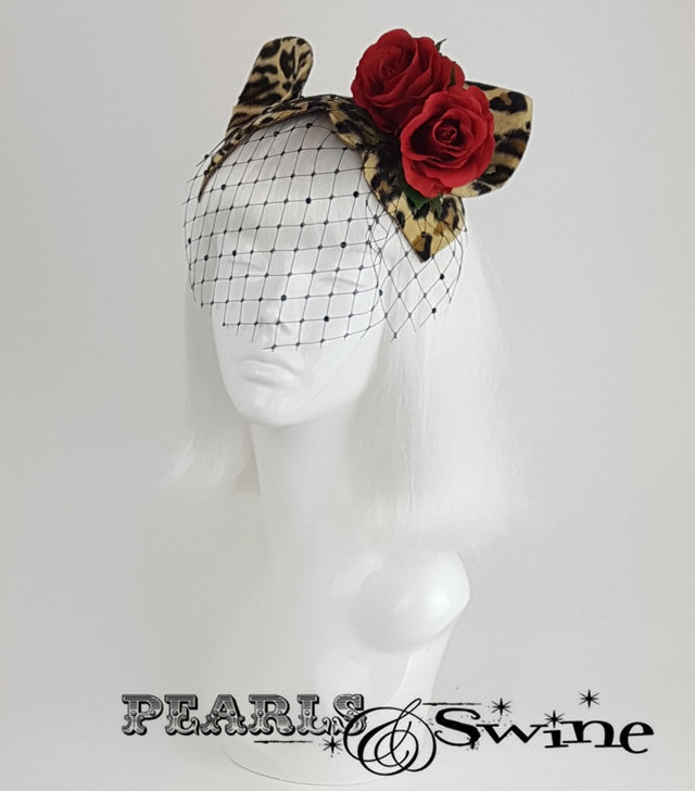 Cat Ear Leopard Print Vintage Fascinator, rock & roll bridal headpiece