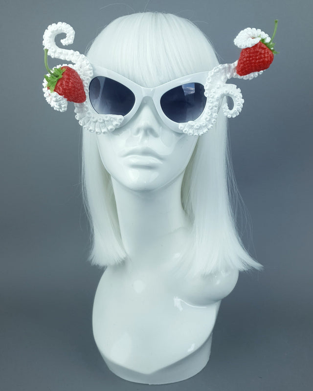 Pearls & Swine: White Statement Sunglasses Octopus Kraken Tentacle & Strawberries "Ursula"
