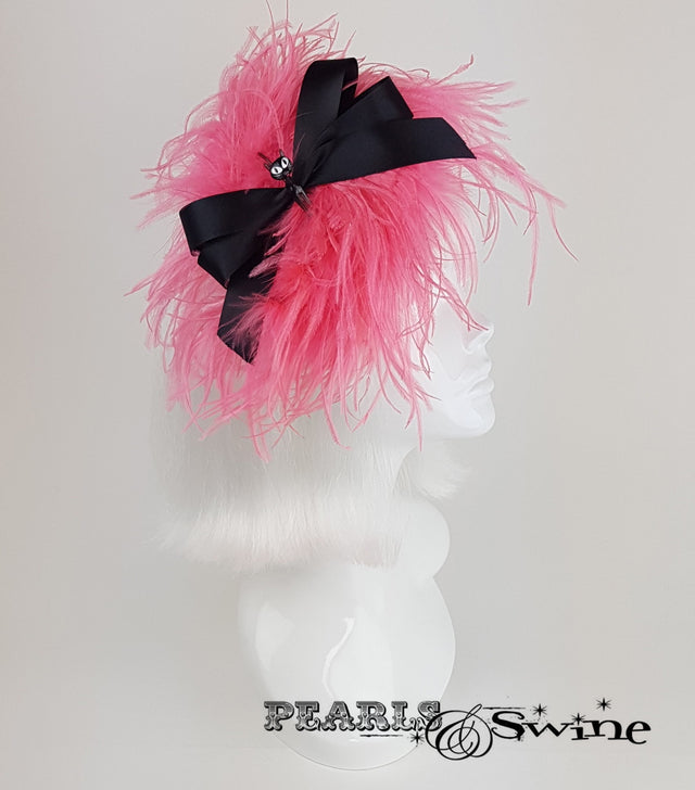 Power Puff Bow Feather Fascinator, retro burlesque hats for sale UK