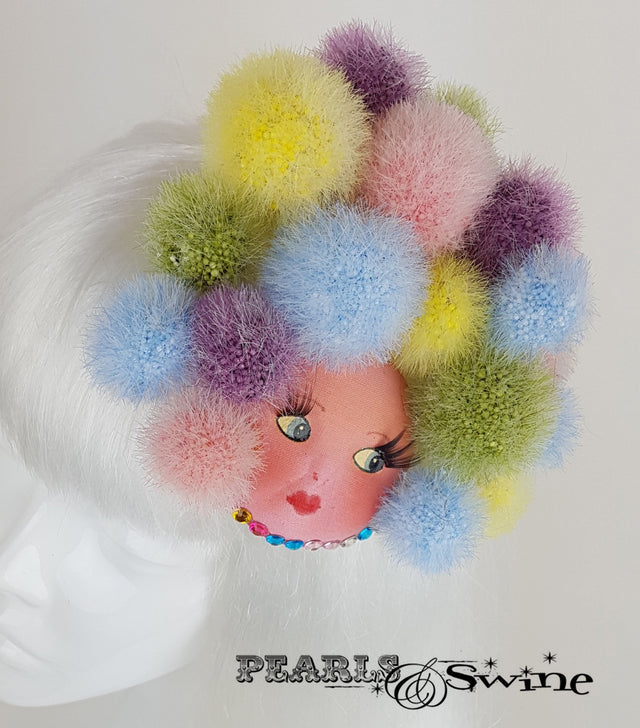 doll face fascinator pom pom quirky millinery 